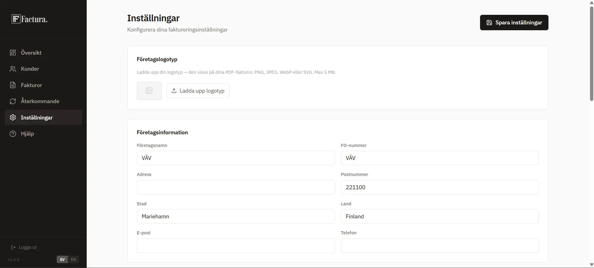Factura inställningar